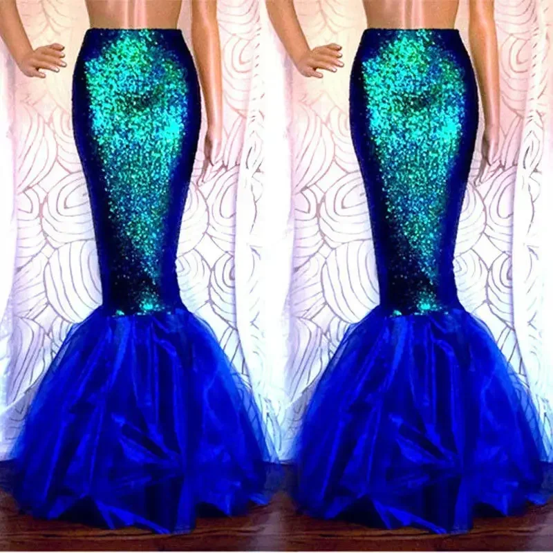 Women's Girl Mermaid Halloween Cosplay Costume Fancy Party Tail Maxi Skirt Sparkle Sequins Long Dress Tail Skirts