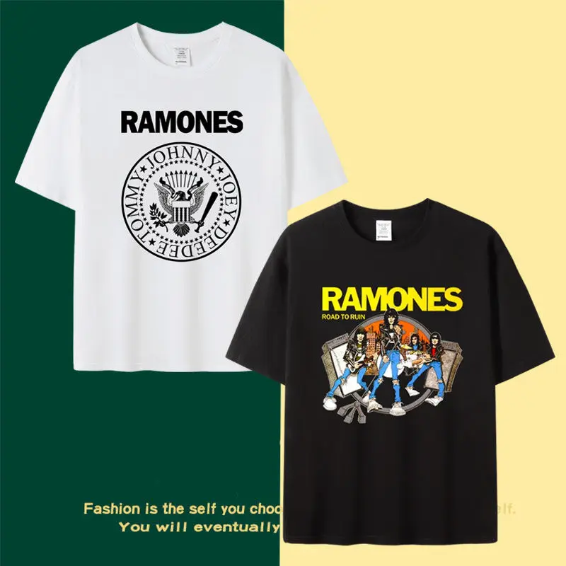 2025 Una camiseta holgada e informal de manga corta con cuello redondo estampado de la banda punk rock europea y americana Ramones