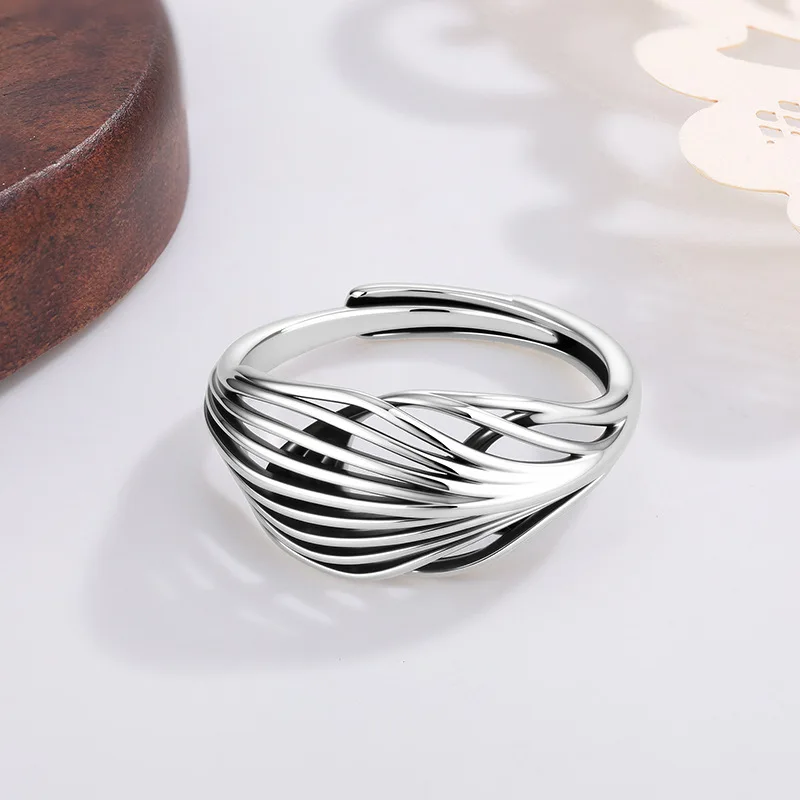 PANJBJ 925 Sterling Silver Texture Line Ring for Women Design Retro Trend Fashion Adjustable Jewelry Gift Dropshipping