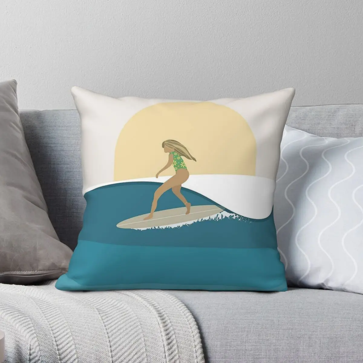 Golden Sunset Surfer Girl Square Pillowcase Polyester Linen Velvet Creative Zip Decor Pillow Case Home Cushion Cover