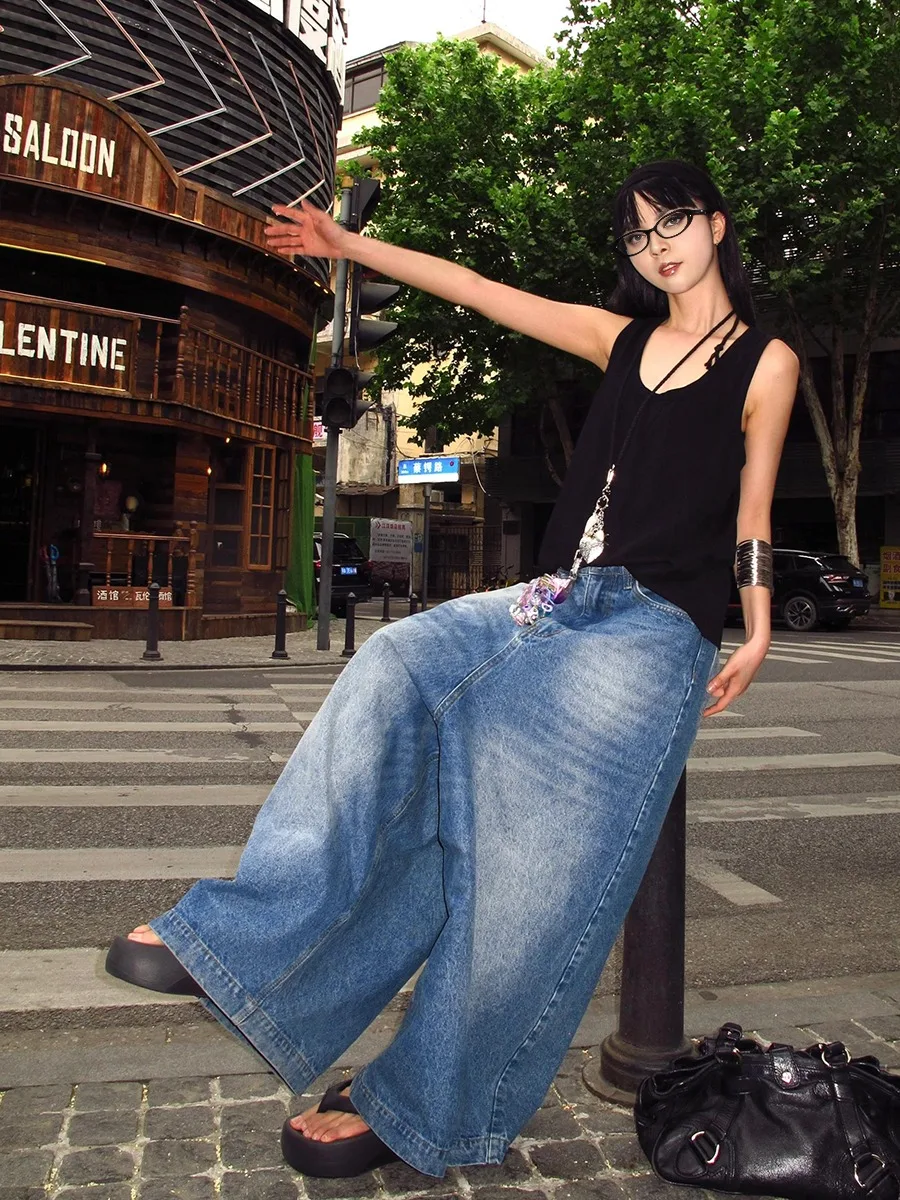 REDDACHiC Street Style Colossus Boyfriend Jeans Women Vintage Blue Washed Whiskers Barrel Wide Leg Pants Trousers Korean Clothes