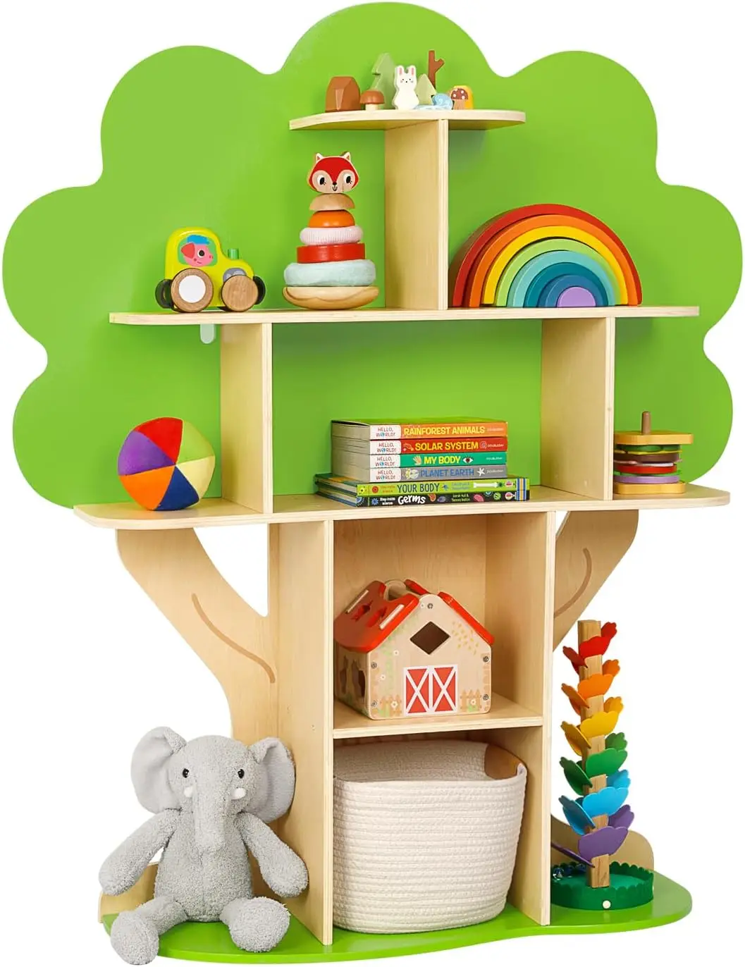 

Детская книжная полка-дерево для уголка для чтения, класса Монтессори, игровой комнаты, с 10 ячейками для хранения