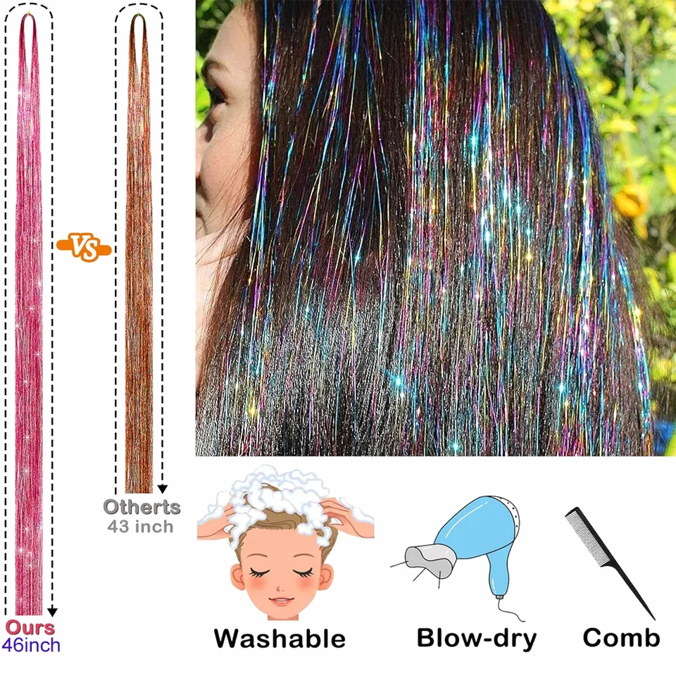 Tinsel para cabello (46 pulgadas, 5 piezas), extensiones para niñas y mujeres, hadas, holográfico sintético 3