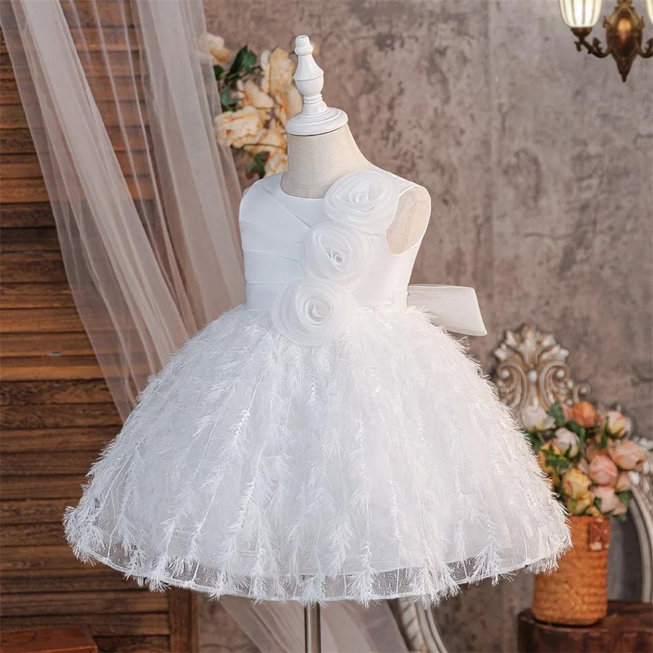 Girls Sleeveless White Feather Tulle Flower Dress Side 3D Rose Fluffy Feather Skirt Children Birthday Formal Gown Costume ASQ03