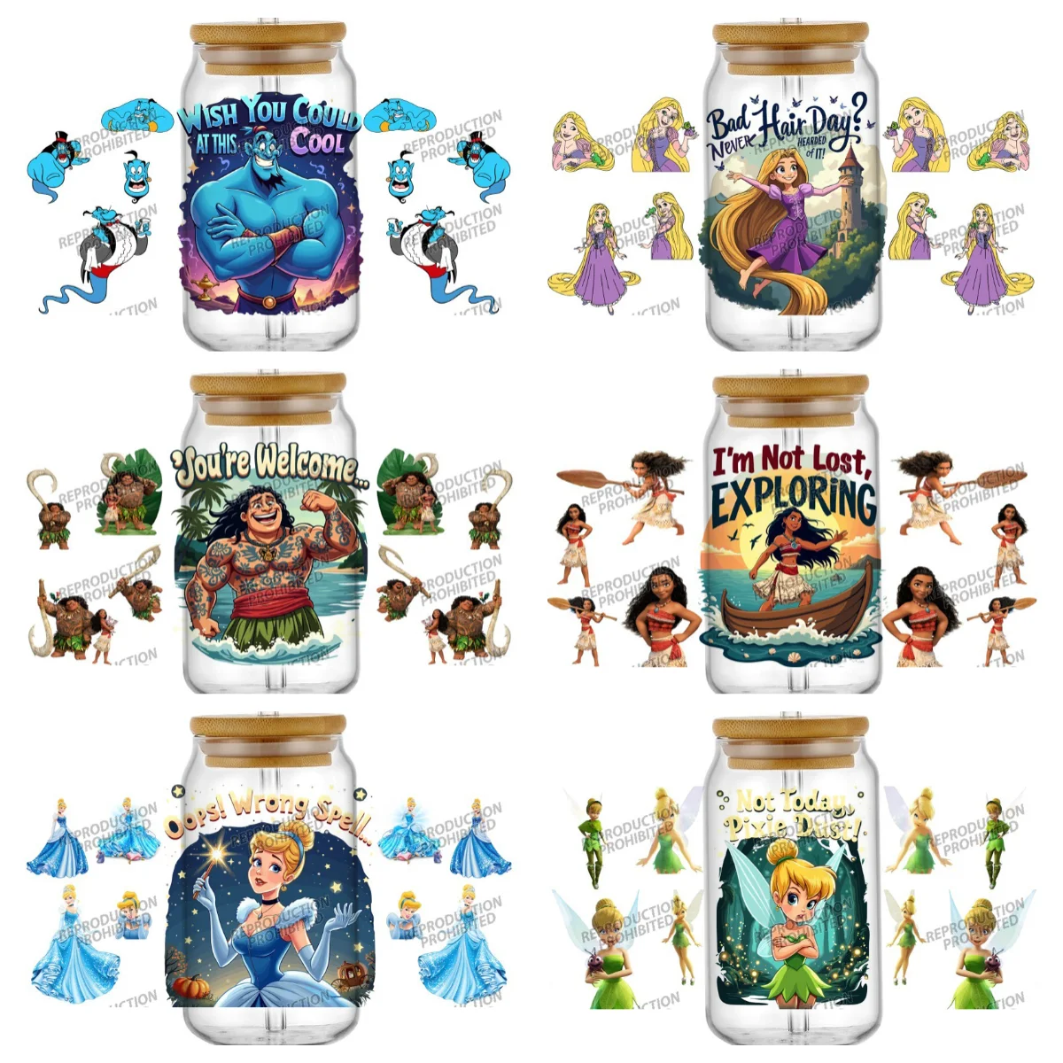 Nova princesa série de conto de fadas 3d decalque uv dtf copo envoltórios para 16oz adesivo de transferência à prova dwaterproof água óculos caneca diy dos desenhos animados adesivo