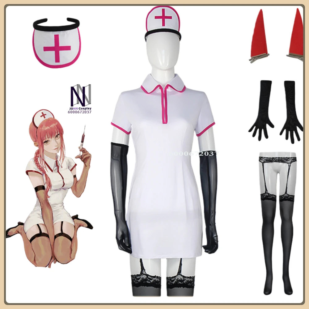

Chainsaw Man Makima Cosplay Costume Cute Pink & White Nurse Dress + Stockings High Quality Halloween Party Suit (Female Adult)