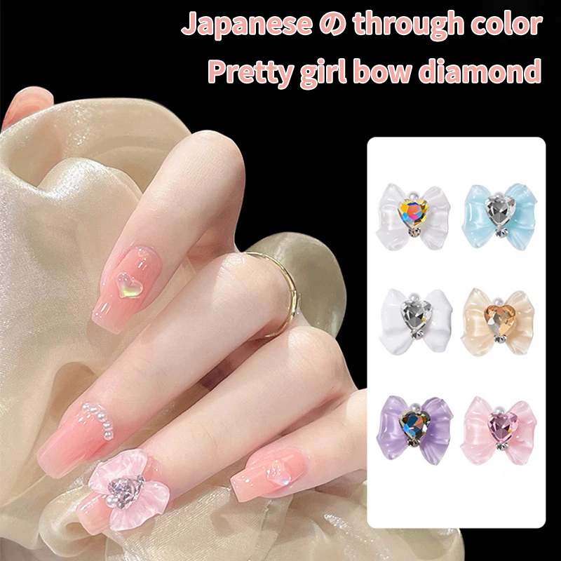 1Pcs Ribbon Bowknot Nail Art Charms 3D Love Heart Crystal Diamond Rhinestone Kawaii Bow Manicure Supplies Nail Art Decoration