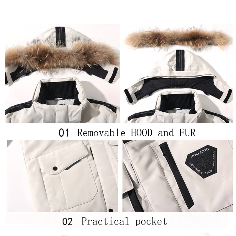 Men's Down Jackets Big Real Fur Collar Warm Parka -30 Degrees Men Casual 90% White Duck Coats Winter Snow Overcoat Thicken