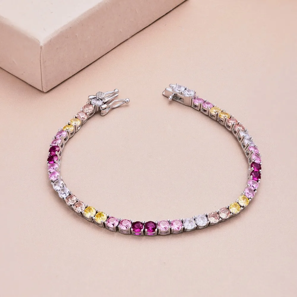 Real S925 Silver Tennis Bracelet Women Rainbow Dopamine Bracelet Female Shiny 5A Zircon Luxury Jewelry Girl Gift Lady Party