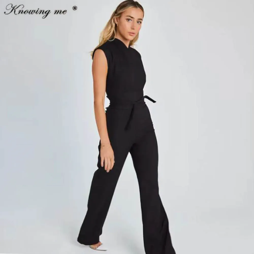 

Women Summer Jumpsuit Elegant Solid color sleeveless Jumpsuit Office Lady Fashion V neck overalls with belt