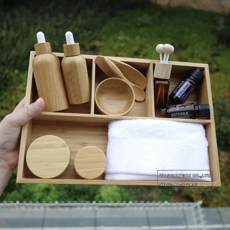 10pcs/set Natural Bamboo Tool Aromatherapy Spa Sets Essential Oil Bottles Container Cream Boxes Oil Bowls Spoon Scraping Boards