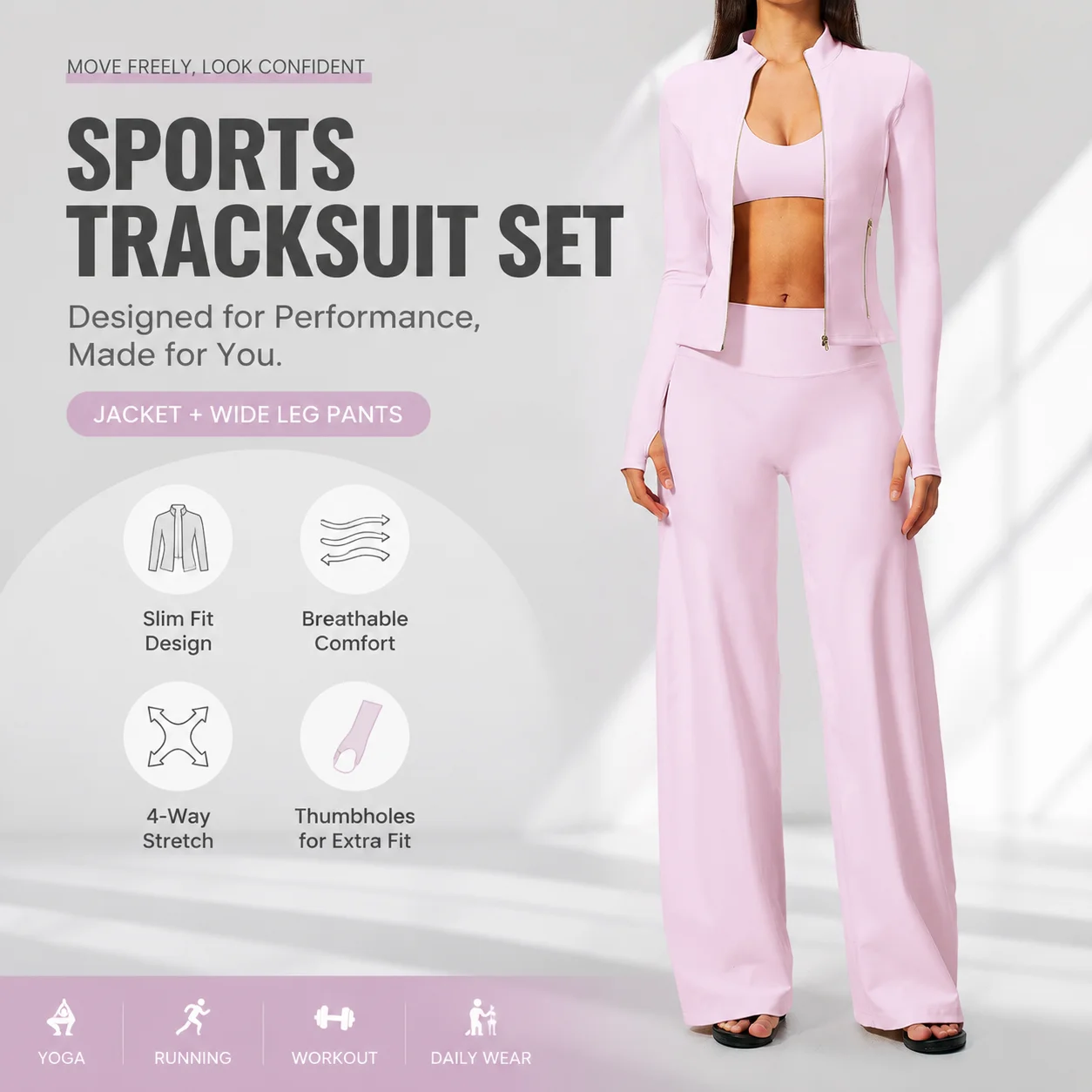 Women's Zip-Up Long Sleeve Sports Jacket and High Waist Wide Leg Yoga Pants Set Slim Fit Workout Tracksuit with Thumbholes for G