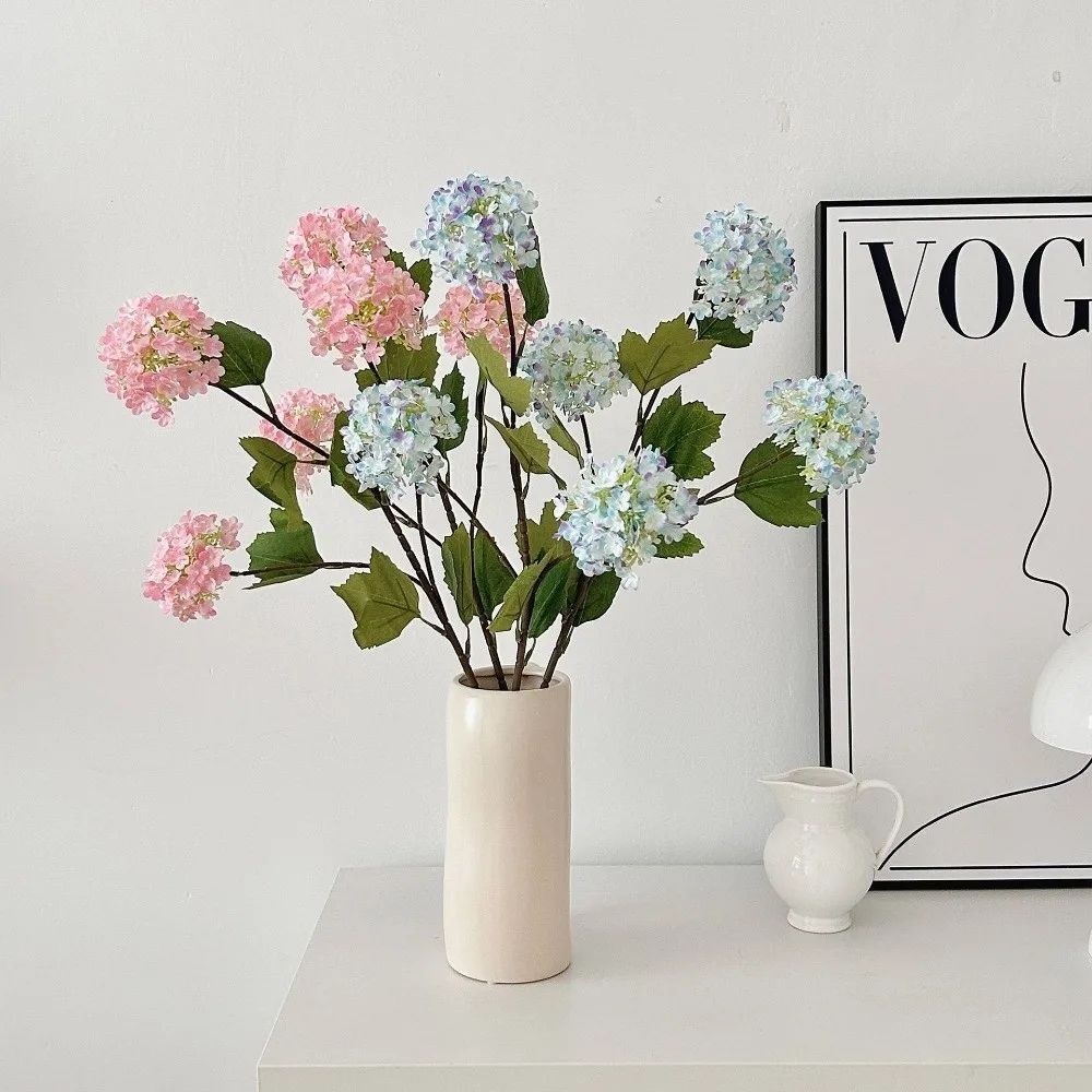 

77cm Artificial Hydrangea Flowers Real Touch Green Leaves Silk Hydrangea Flowers Lifelike 3 Heads Fake Plants