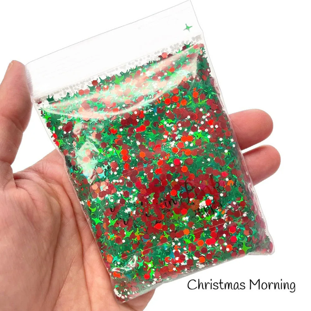 Christmas Nail Glitter Sequins para Manicure, Floco de Neve, Árvore, Hexágono, Círculo, Borboleta, Losango, Vermelho, Verde, Floco Branco, 50g, 1 Saco