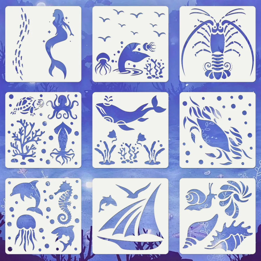 مجموعة استنسل حيوانات بحرية مكونة من 9 قطع مقاس 5.1 بوصة للرسم - قوالب رسم على شكل محيط قابلة لإعادة الاستخدام لديكور قماش خشبي للحائط
