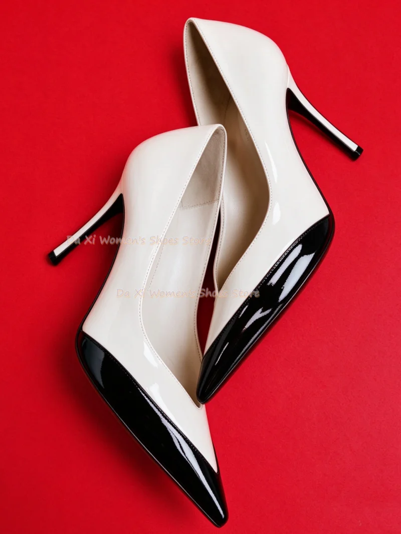 Black And White V-Shaped Color Blocking Patent Leather Low-Cut Women's Shoes Pointed Tip Stiletto Heels Style Evening Shoes 2026