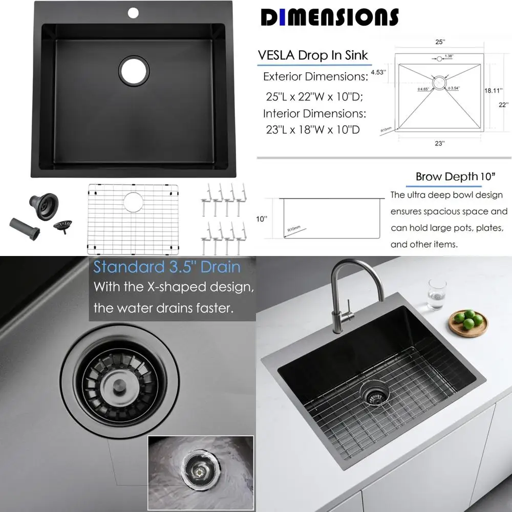 

Stainless Steel Single Bowl Kitchen Sink, 25 Inch Drop-In RV Bar Topmount Handmade Sink, 22 Inch Wide, 16 Gauge Black Finish