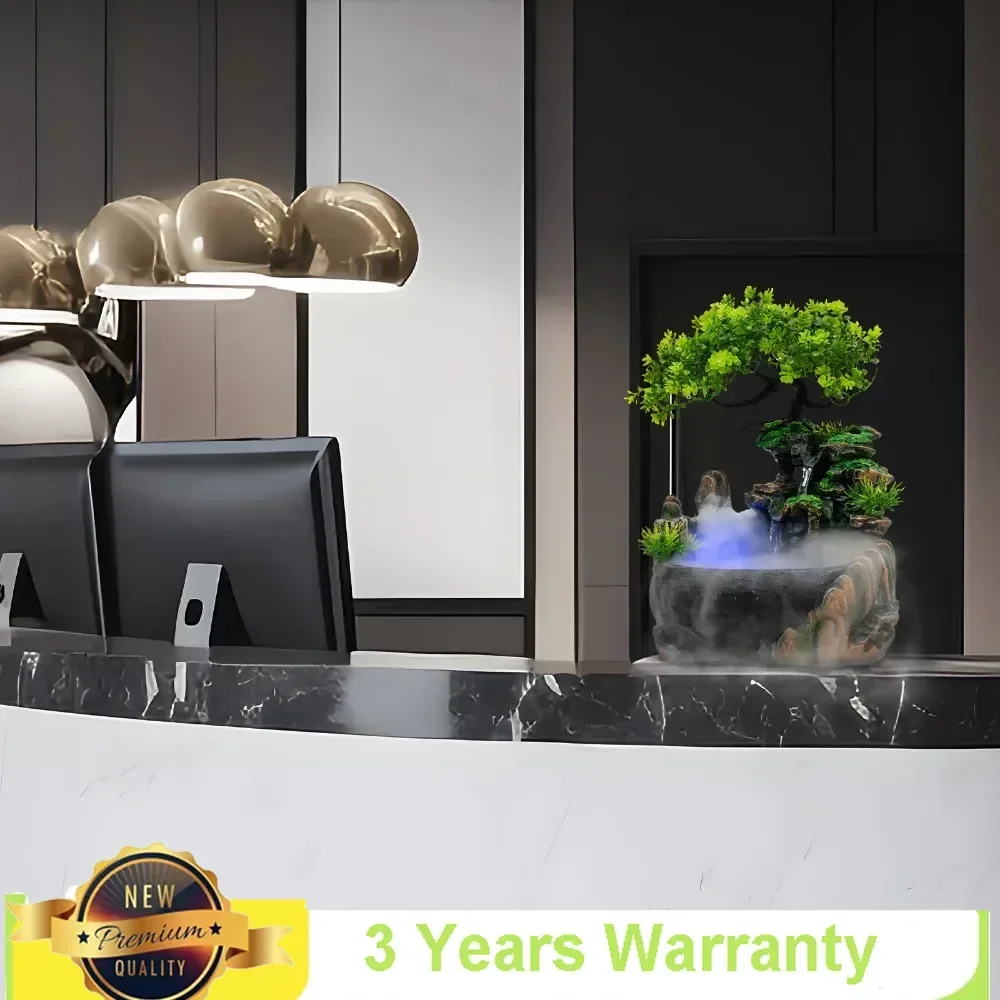 

Bymaocar Indoor Fountain LED Light Desktop Resin Imitation Landscape Decor Stress Relief Lowe Noise W/ Anti-slip Mat & Platform