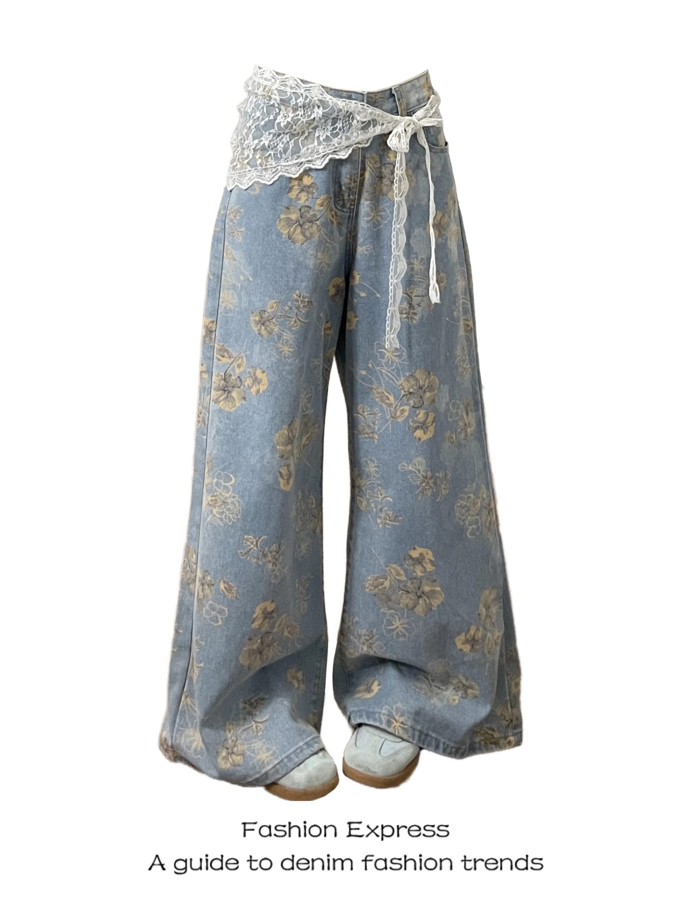 

Floral Print High Waist Wide Leg Jeans Women's Summer Thin Unique Design Sensation Painting Vintage Loose Straight L...