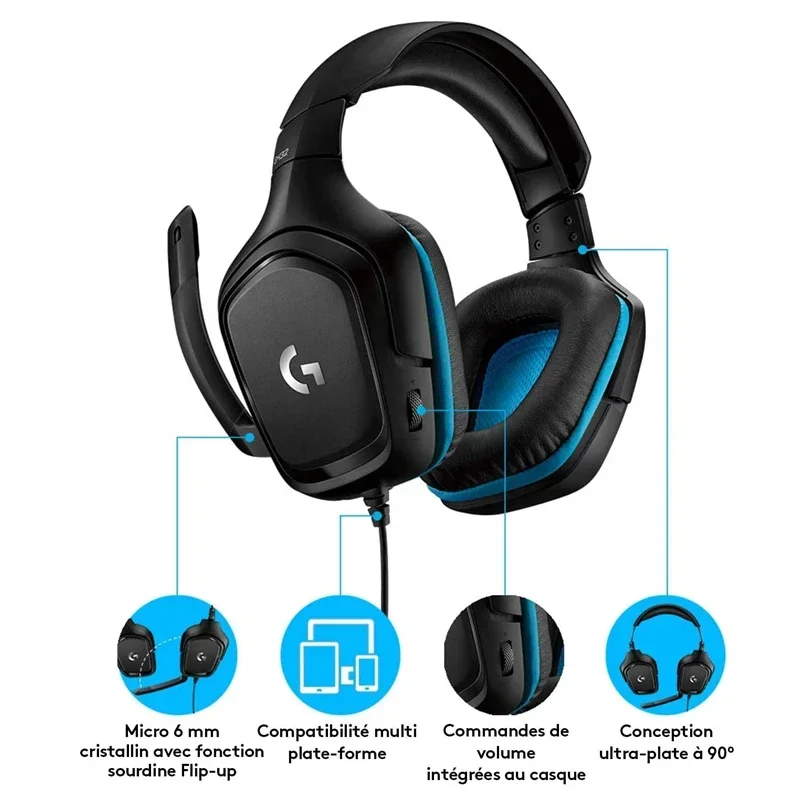 Logitech G431 Wired Gaming Headset with Mic 7.1 Surround Sound X 2.0 50 Mm Audio Drivers Lightweight DTS Headphone for PC/PS