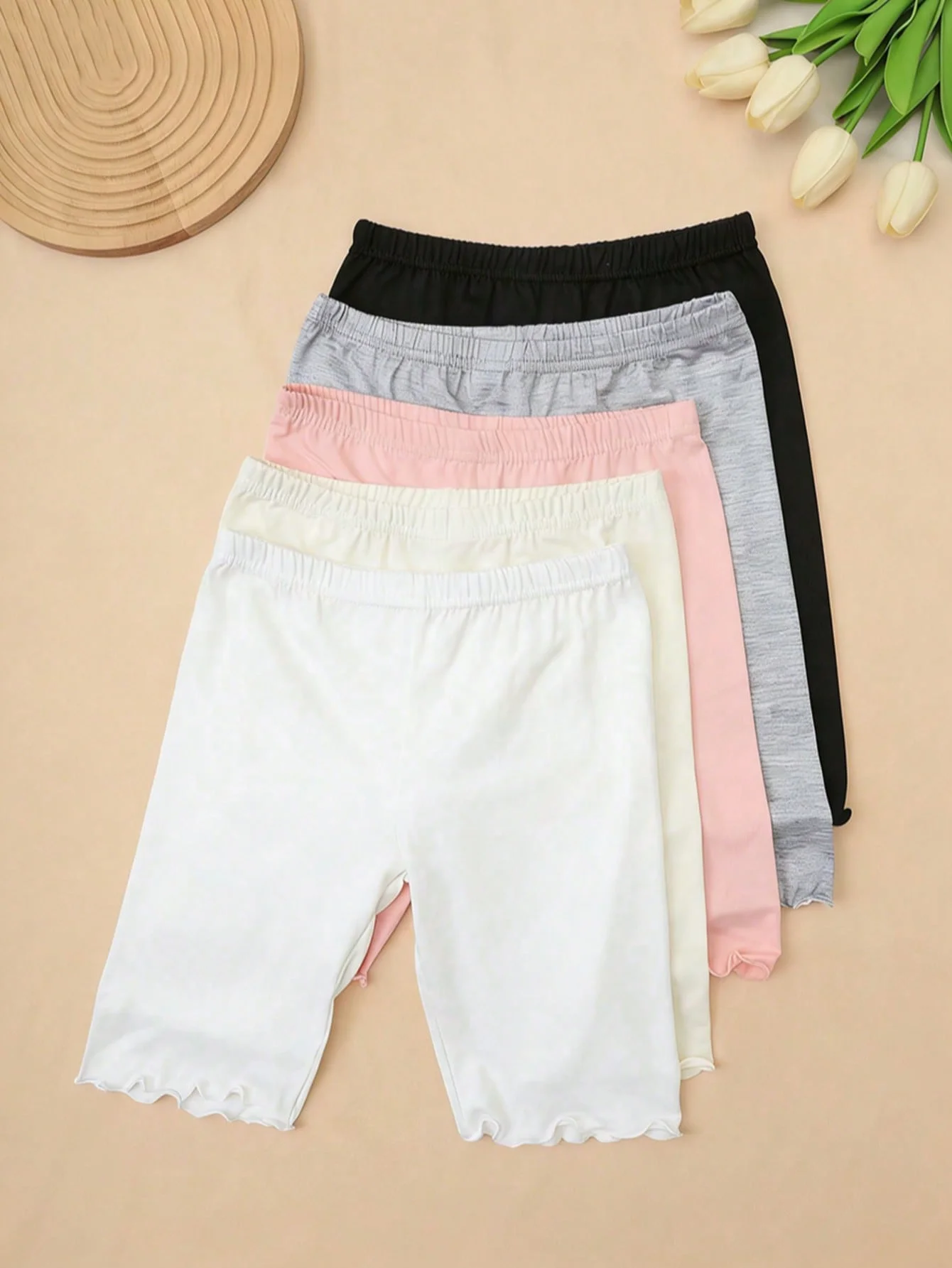 5Pcs Baby Girls' Candy-Colored Sweet and Cute Wooden-Ear Bottomed Safety Pants,Soft and Comfortable,Suitable for Kids' Daily Wear