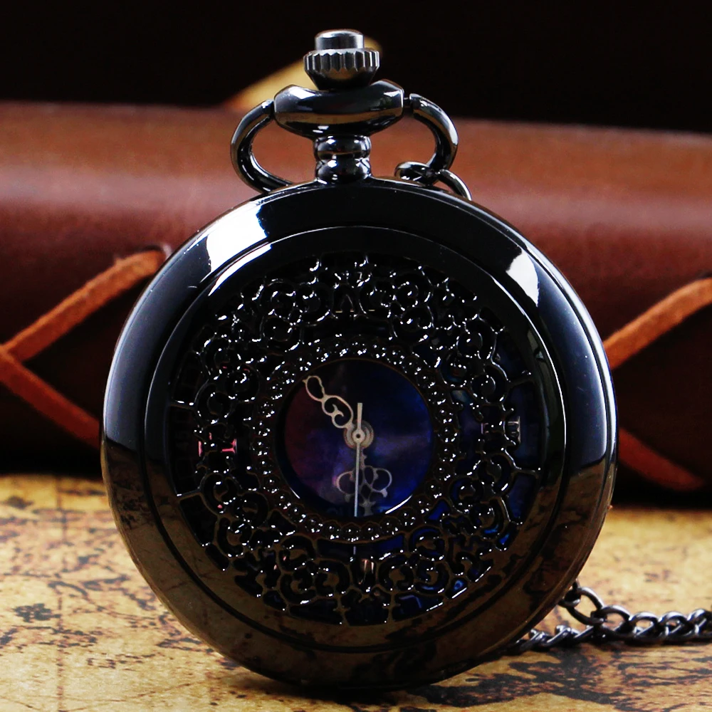 

Starry Sky Blue Roman Numerals Dial Pocket Watch Vintage Black Fashion Gift Pendant Clock For Mlae Kids