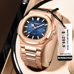 BINBOND 2024 New Luxury Fashion Business Man's Watch Automatic Date Luminous Waterproof Stainless Steel Men's Quartz Watchs +box