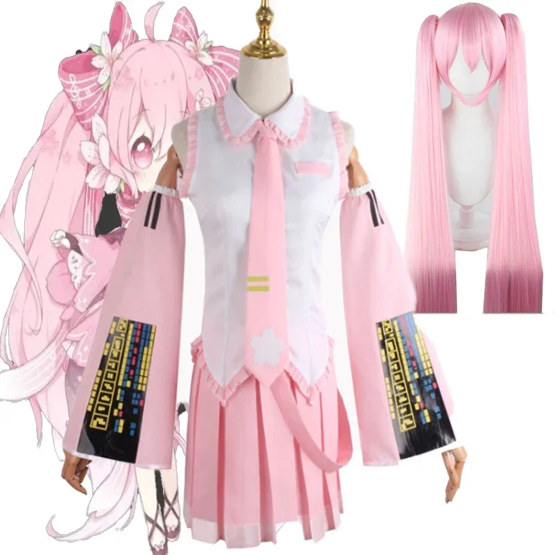 Miku anime cosplay costume pink wig tops skitts suits women girls Halloween party rode play outfits