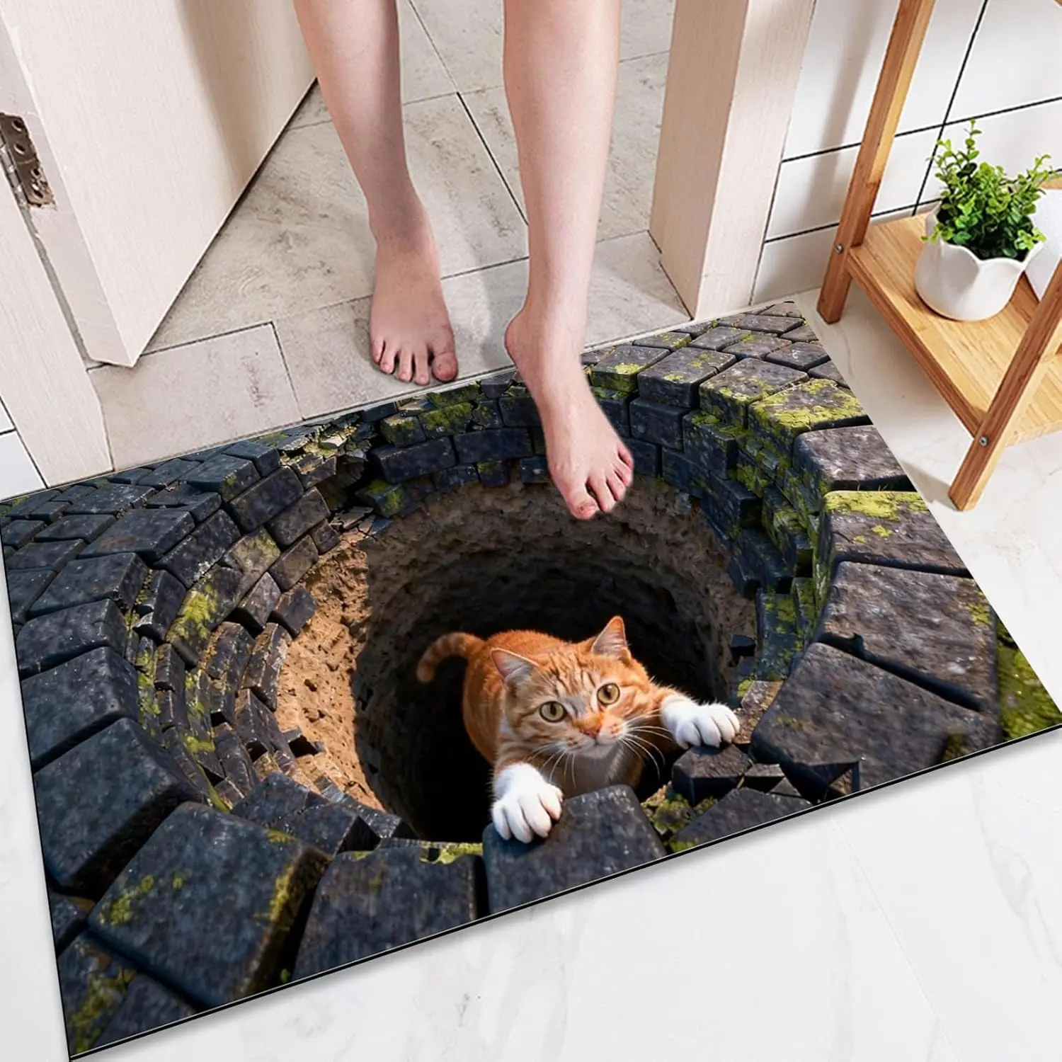 3D Visual Trap Area Rug Cat Hole Carpet for Apartment Dwellers Dormitory Non-Slip Washable Floor Mat for Living Room Bedroom
