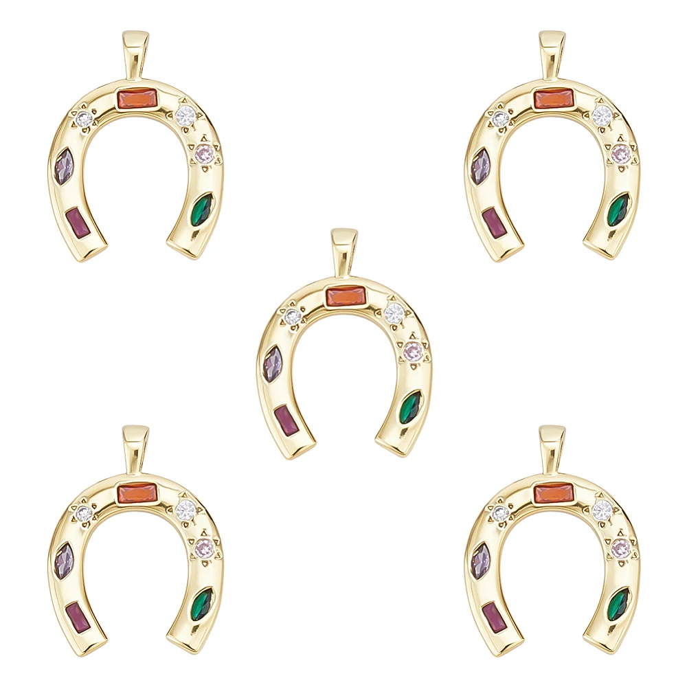 5Pcs Horse Shoe Charms Brass Cubic Zirconia Pendants with 18K Gold Plated U Shape Horseshoe Charms for Necklace Earrings