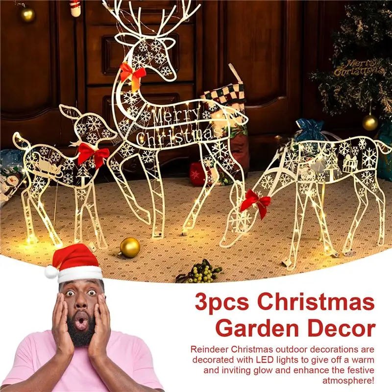 ABCA-3PCS Handmade Iron Artelk Deer Christmas Garden Decor &LED Light Glowing Glitter Reindeer Xmas Home Outdoor Yard Decor