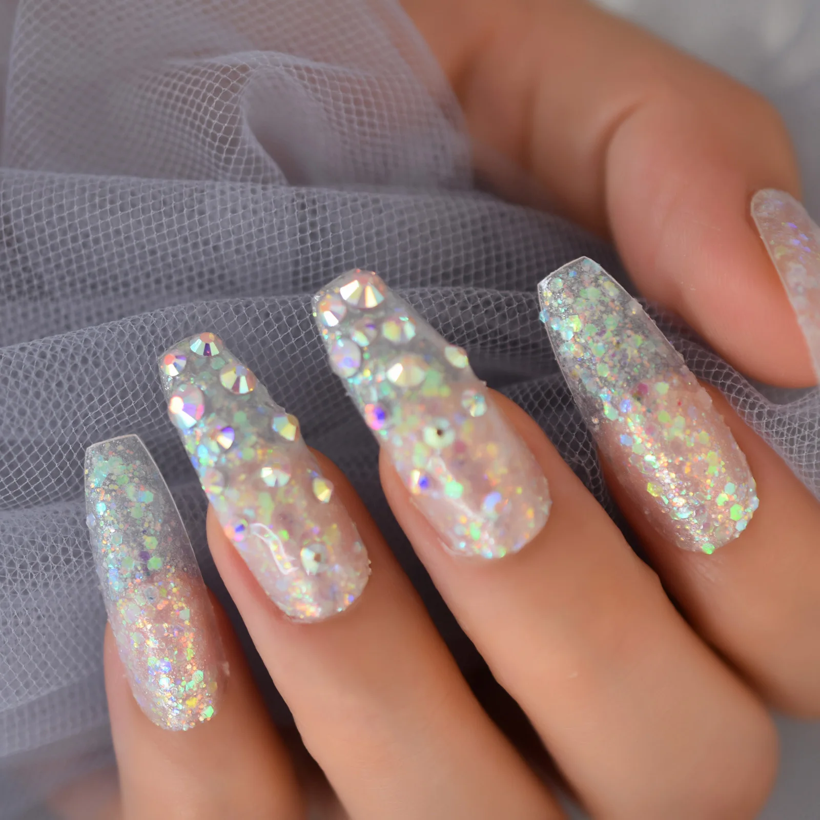 Colorido glitter cristal diamante bailarina francesa imprensa em unhas falsas caixão extra longo uv acrílico dedos falsos prego