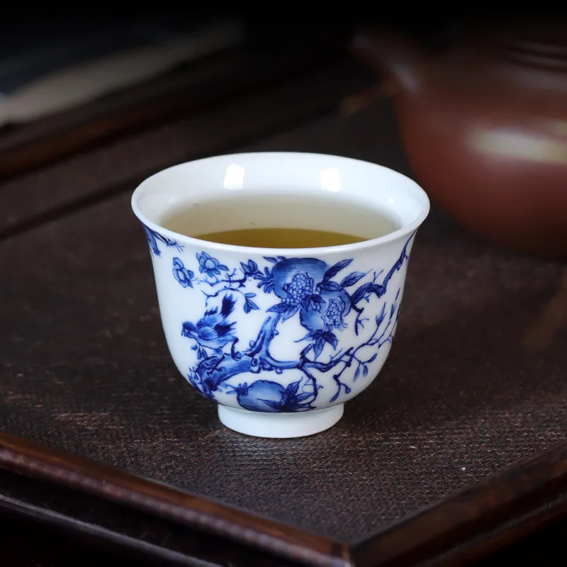 

High Quality Hand Painted Blue and White Duozi Duofu Tea Cup Flower Bird Single Handmade Set Tasting Jingdezhen