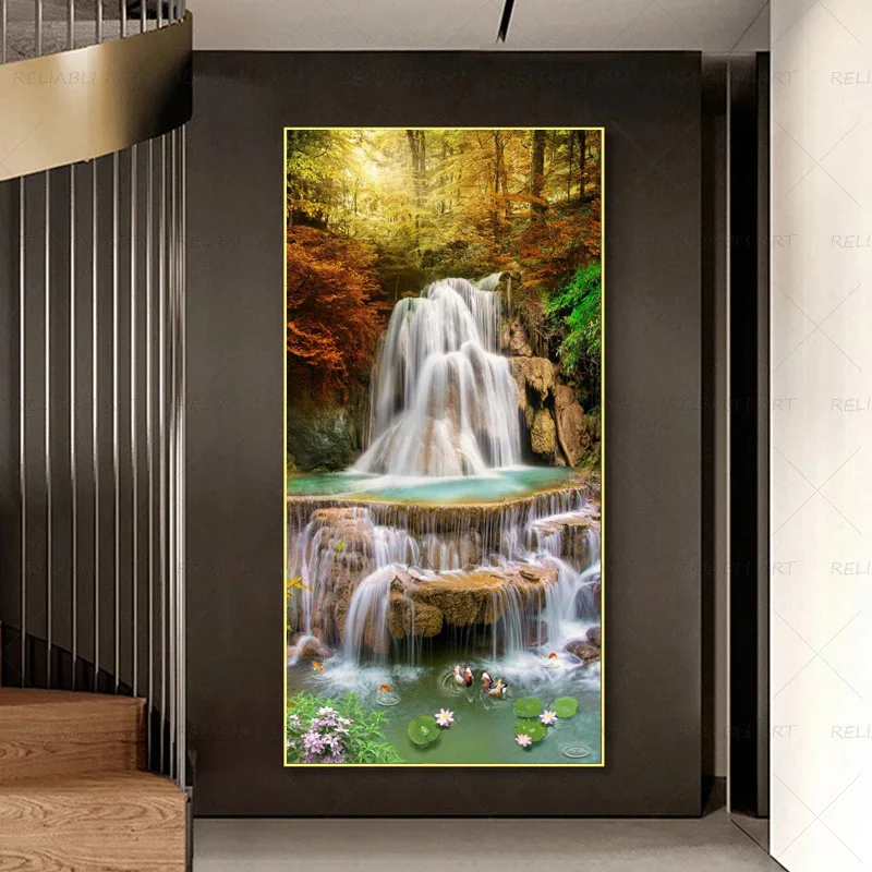 Abstract Waterfall Entrance Painting Wall Decor Posters Koi Animal Art Pictures for Living Room Fish Room Drcorative Cuadros