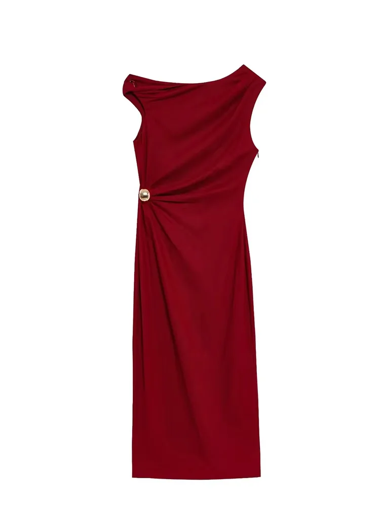 HH المرأة الصيف موضة الجولة الرقبة بلا أكمام خط المخلوطة فستان ميدي أنثى مثير أنيقة سليم مطوي هيم شق فستان طويل