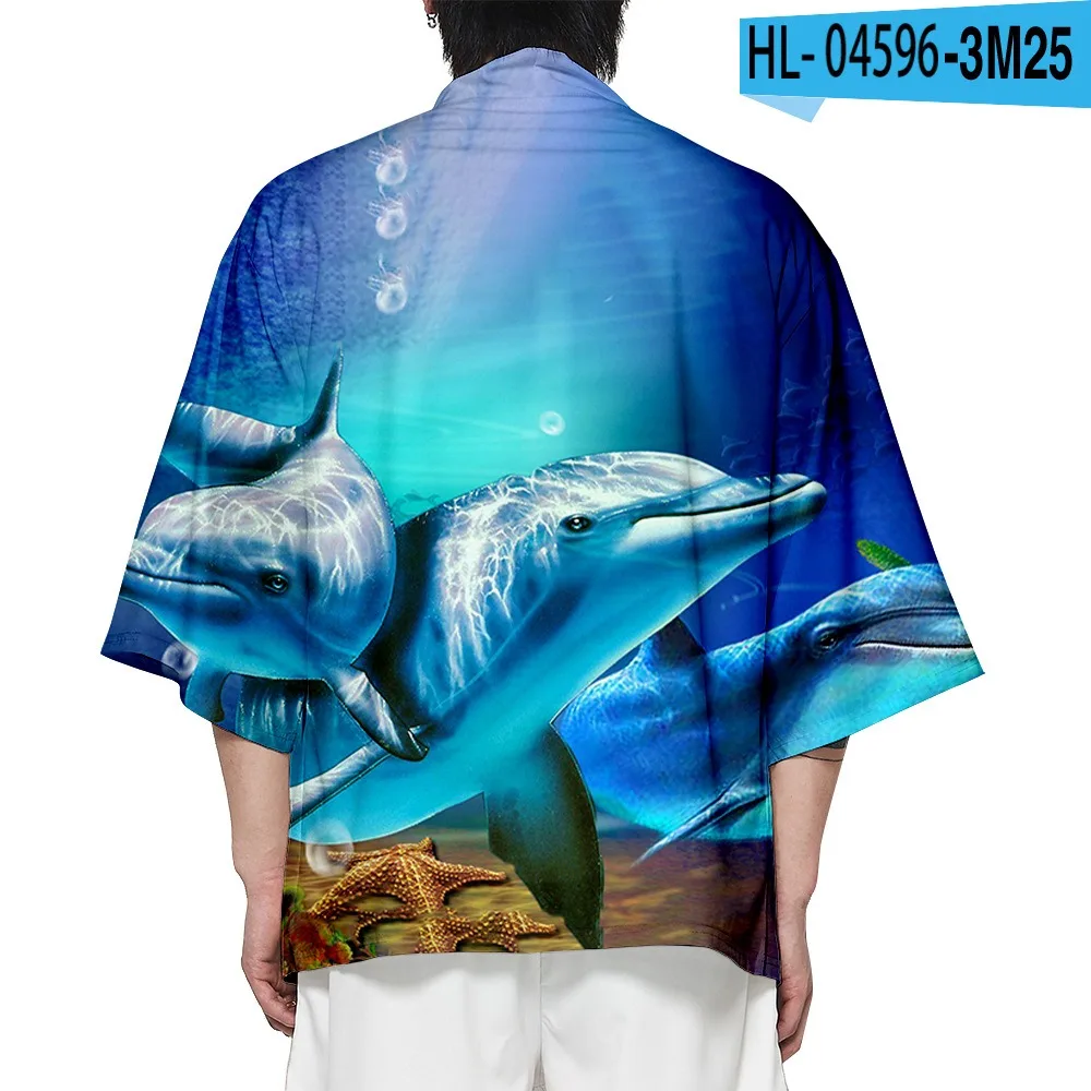 Summer Samurai Kimono Men Cosplay Stylish Cute Dolphin Print Haori Streetwear Kimono Fashion Yukata Japanese Cardigan Robe