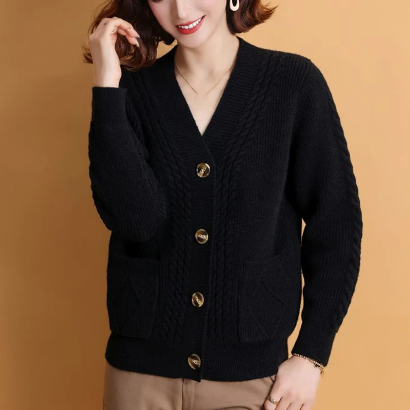 Rimocy Autumn Winter Knitting Cardigan Women 2024 Single Breasted V-Neck Sweater Woman Solid Color Long Sleeve Jumoer Coat Mujer