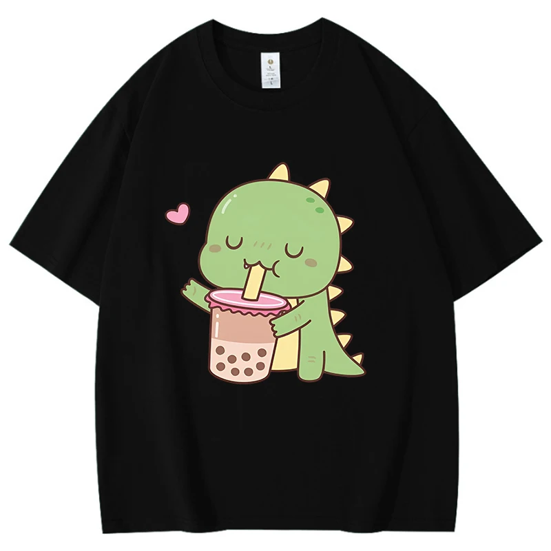 Fashion Q-version Cute Cartoon Green Little Dinosaur Printed T-shirts Men Women Cotton Casual Round Neck T-shirts Couple's Top
