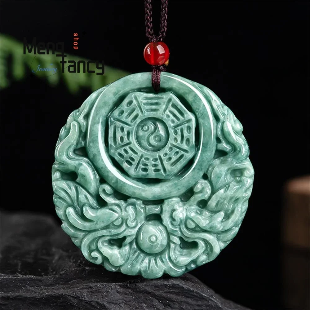 Natural A-goods Jadeite Bean Seed Hollow Double-dragon Gossip Plaque Jade Pendant Exquisite Retro Fashion Jewelry Amulets Mascot