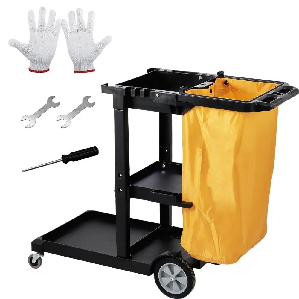 

3 Shelf Commercial Cleaning Cart Heavy Duty Janitorial Trolley 200 lbs Capacity with 25 Gallon PVC Bag Yellow Black