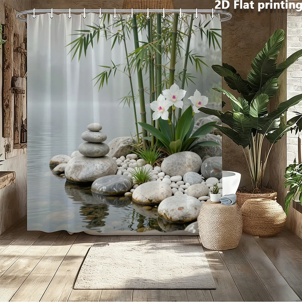 2D Flat, 1pc Natural Stone & White Flower Shower Curtain - Modern Minimalist Bathroom Window Panel Curtain Suitable for Bath Enc