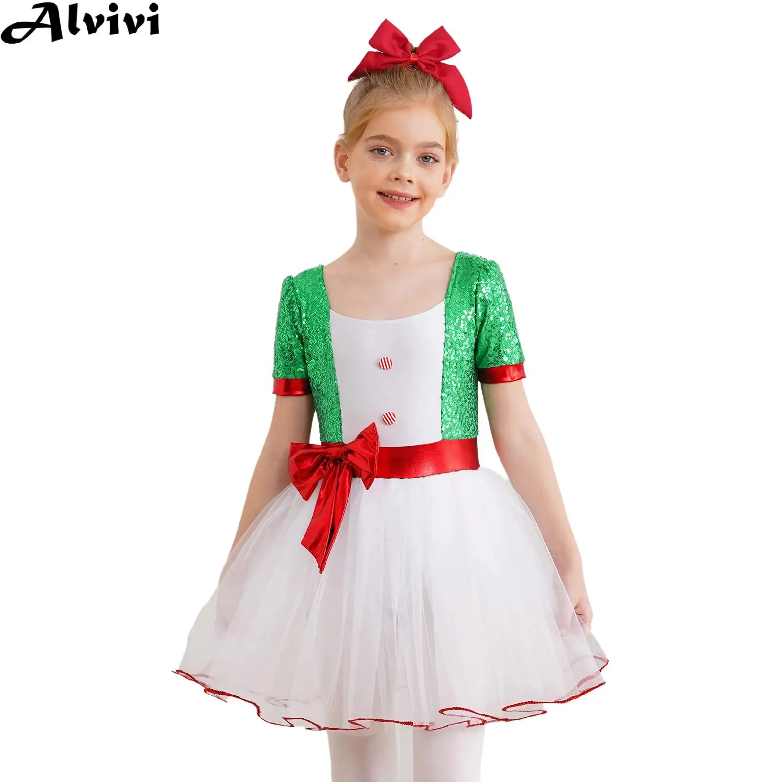 Vestido de Natal para meninas adolescentes, listra de lantejoulas, collant de cana doce, tutu para ginástica, patinação, roupas modernas de dança lírica