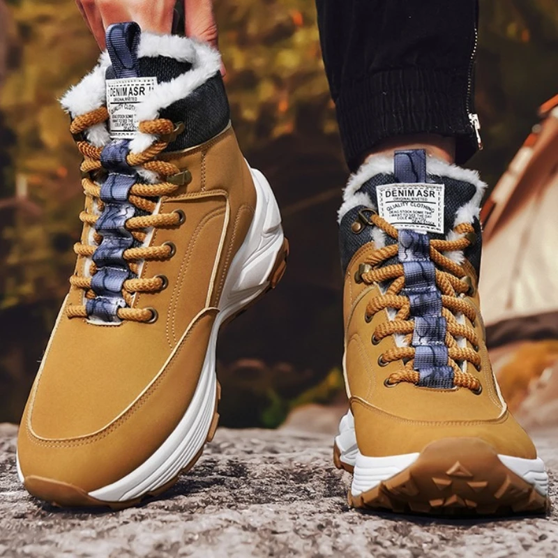 

New Winter Fashion and Warmth Two-tone Men's Plus-size Flat Heel Lace-up Mid-top Anti-slip Outdoor Snow Hiking Shoes