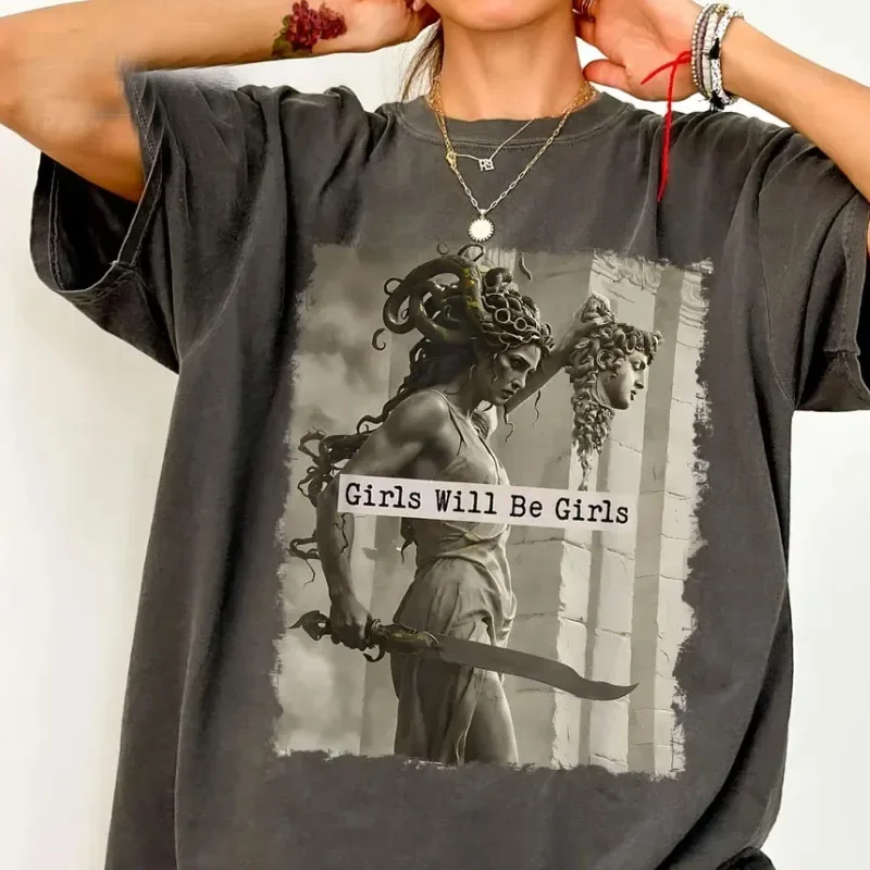 Medusa Girls Will Be Girls Feminist T Shirt Vintage Washed Graphic T Shirts Women's Rights T-Shirt Short Sleeve Crewneck