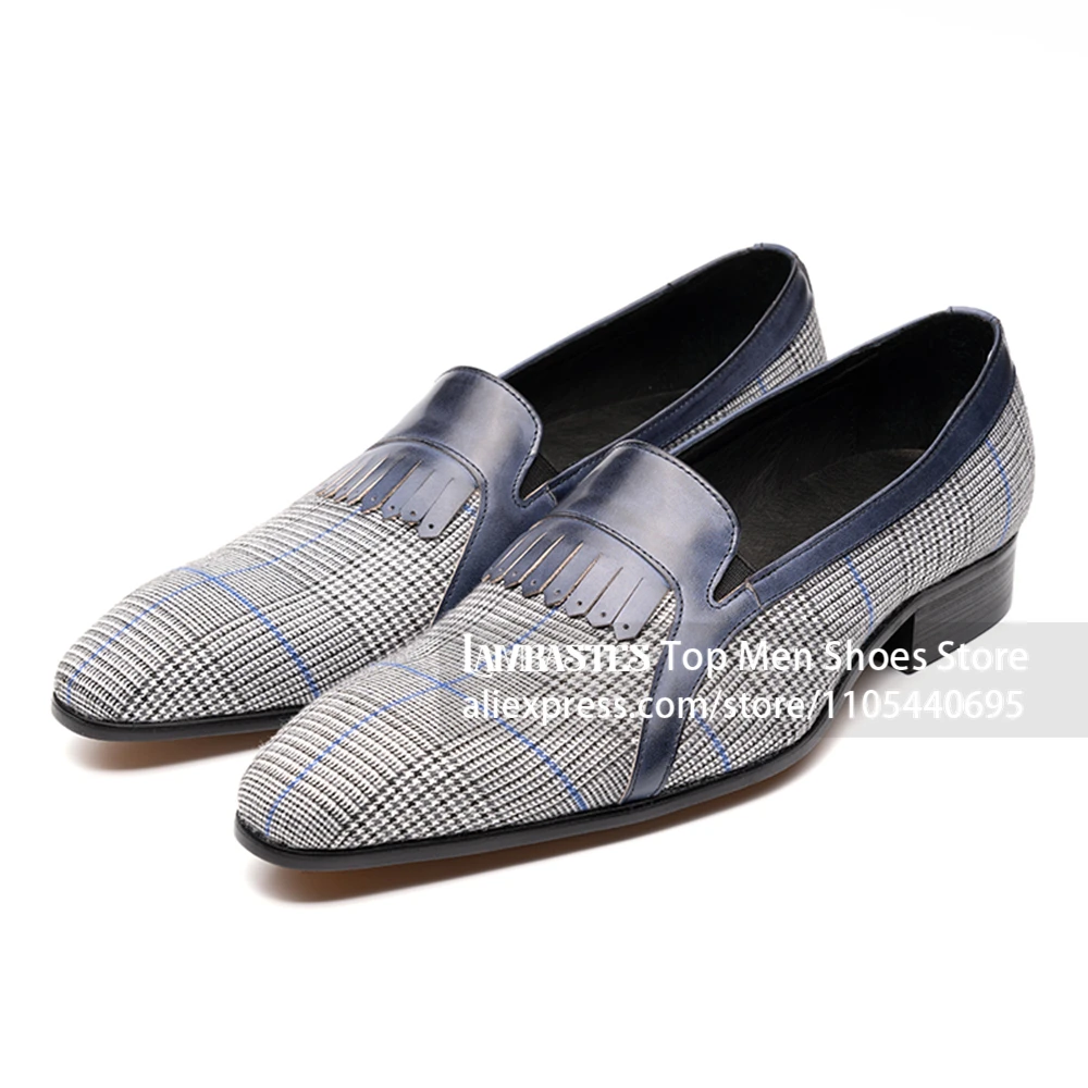 Houndstooth Fabric Leather Spliced Loafers Grey Plaid Check Fringe Slip on Dress Loafers Vintage Check Fringe Loafers for Men