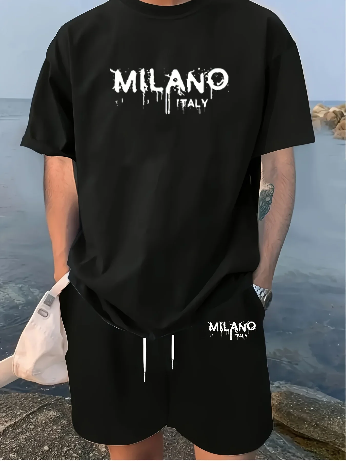 

GELITAYIN The 2025 Summer New Men's Suit, Letter Print Men's Suit, Summer Casual Daily Men's Short-sleeved T-shirt, Outdoor Stre