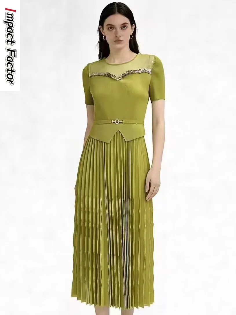 

Miyake Crew Neck High Waist Straps Temperament Dress Loose Splicing Design Short Sleeve Pleated Skirt Women's Clothing