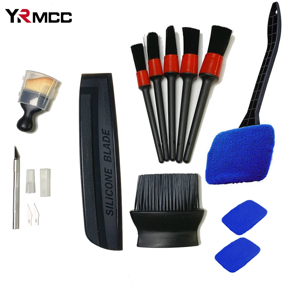 Car Cleaning Tool Flexible Silicone Squeegee Window Cleaner Brush Kit with Long Handle 5pc Kit Detail Brush Cleaning Accessories