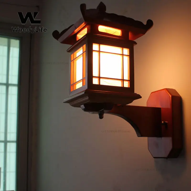 Chinese Aisle Wall Lamp Secret Room Living Room Solid Wood Carving Flower Imitation Sheepskin Staircase Lamp Antique Lamp