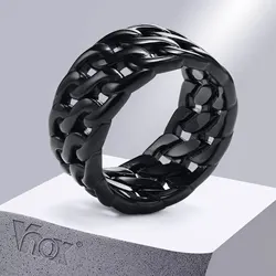 Vnox Dual Cuban Chain Ring for Men,10mm Stainless Steel Retro Finger Band, Black Metal Hollow Punk Vintage Ring